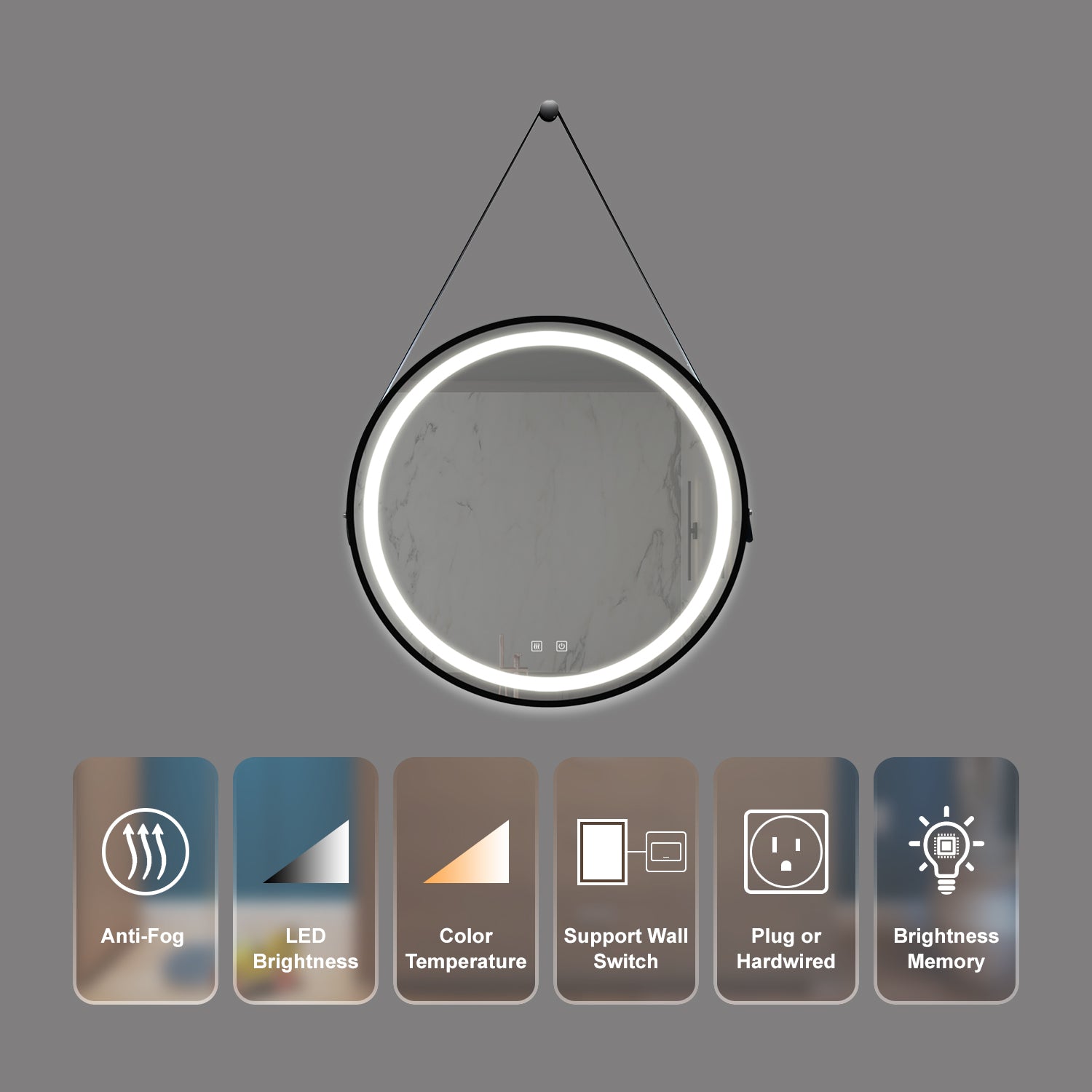 KZG 32-inch square LED vanity mirror with black aluminum frame and dimmable backlight — image 3