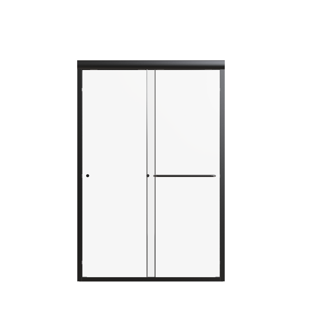 Matte black semi-frameless double sliding shower door with tempered glass — image 1