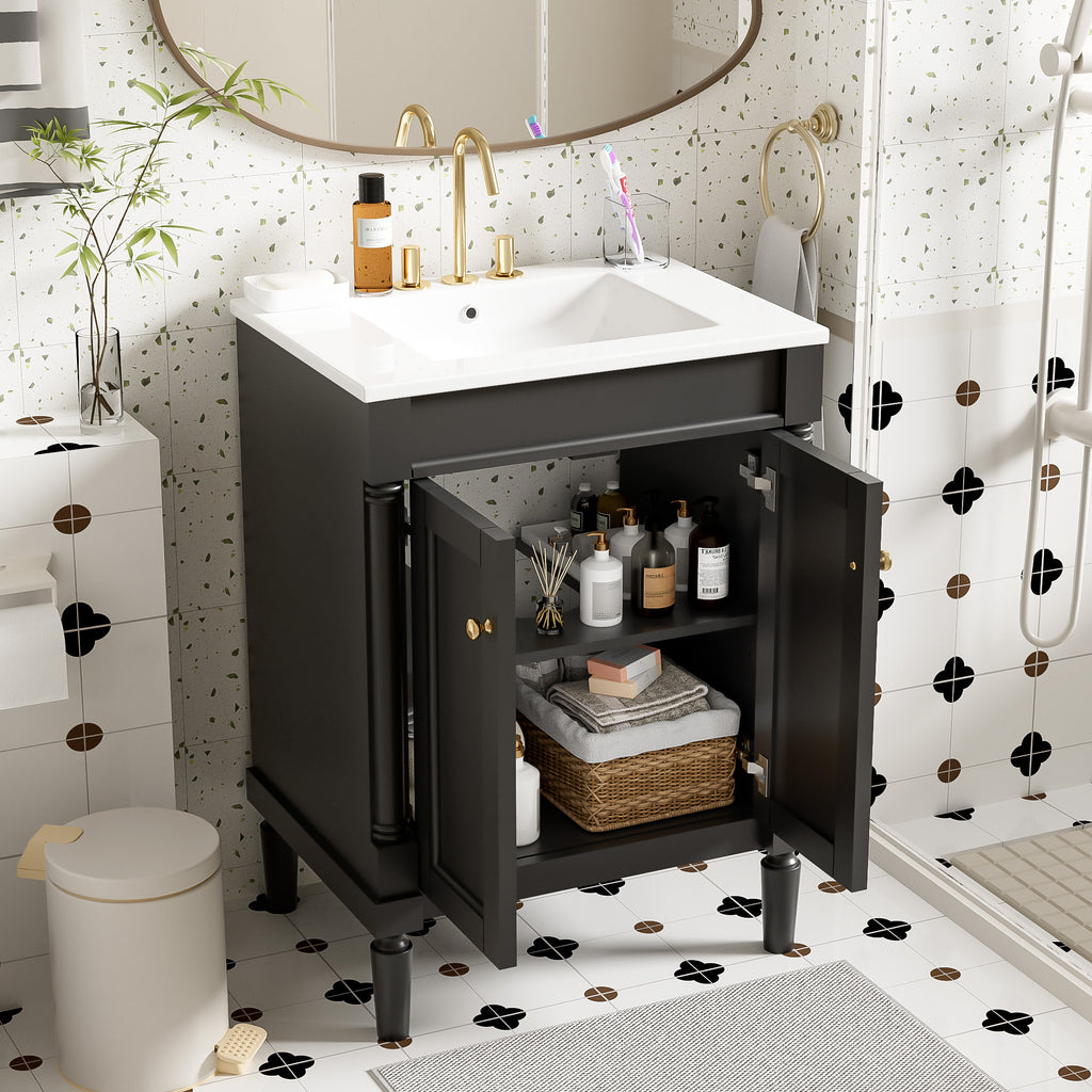 Matte black bathroom vanity with ceramic basin, 24 inches — image 4