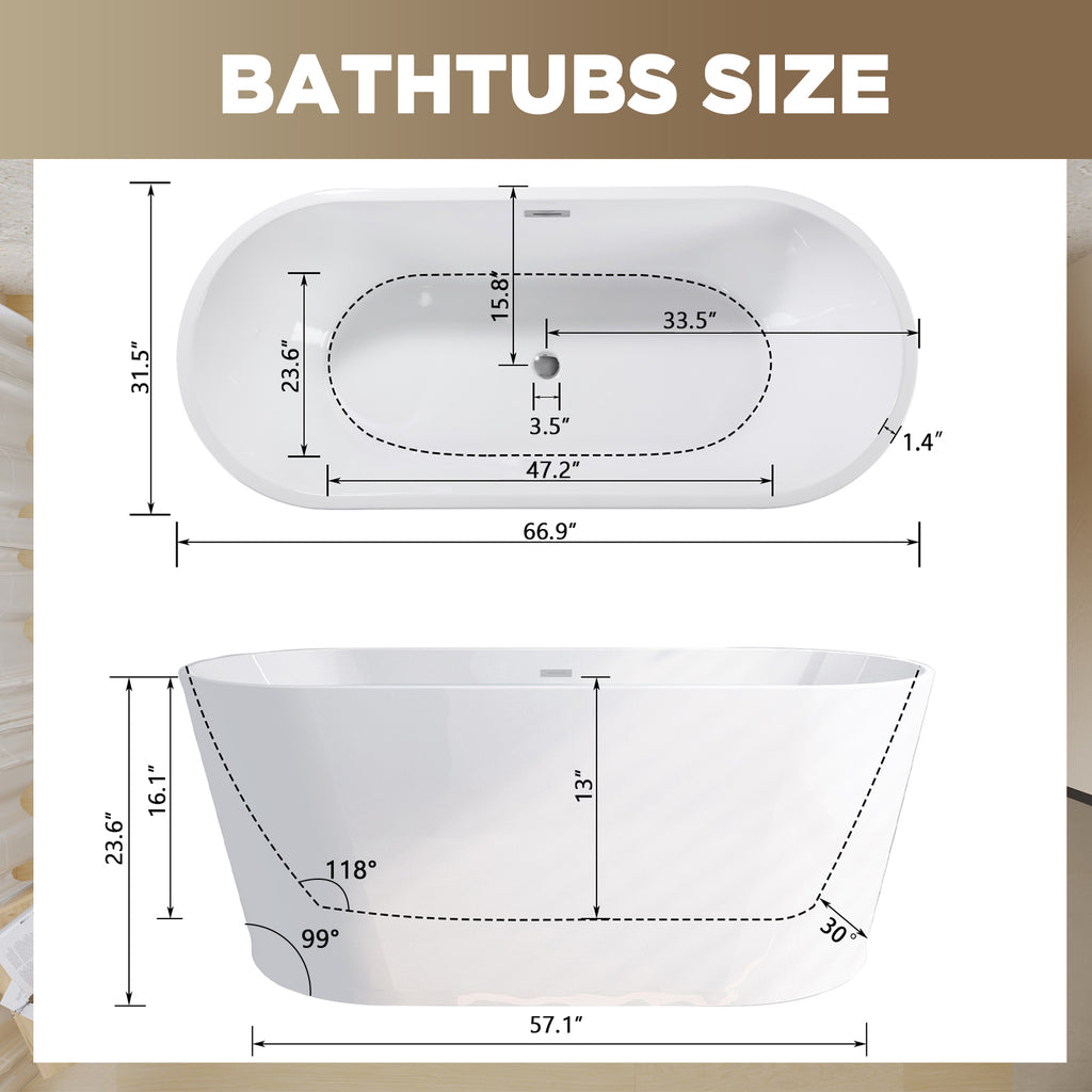 KZG 67-inch glossy white acrylic freestanding soaking bathtub with chrome toe-tap drain — image 3