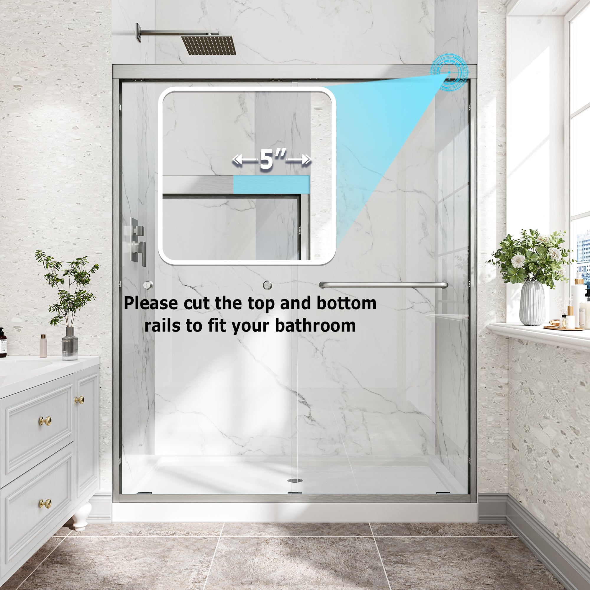 KZG 55–60 in. brushed nickel reversible double bypass sliding shower door with tempered glass — image 4