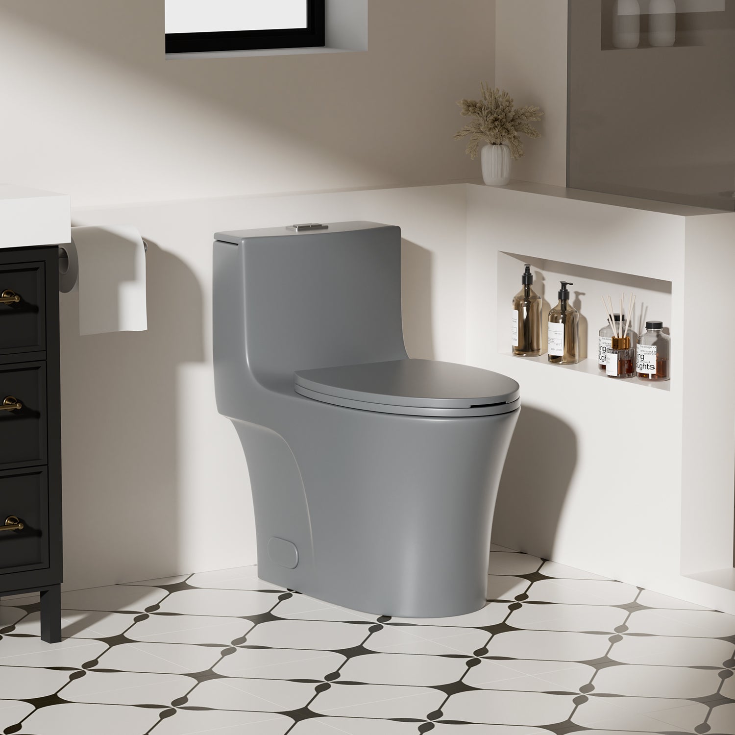 Light gray ceramic one-piece toilet with soft-close seat, ADA height — image 2