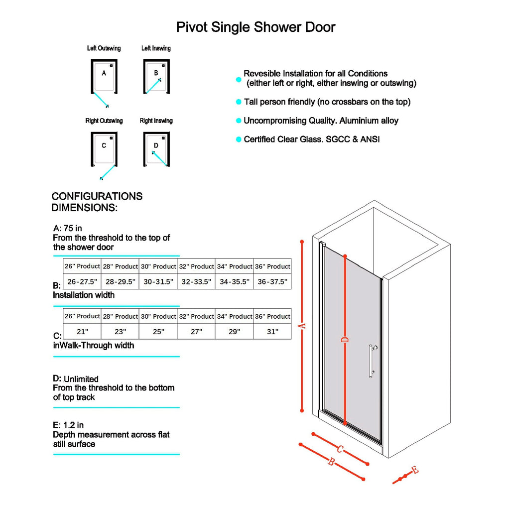KZG 34–35.5 inch pivot swing shower door in matte black aluminum with clear tempered glass — image 2
