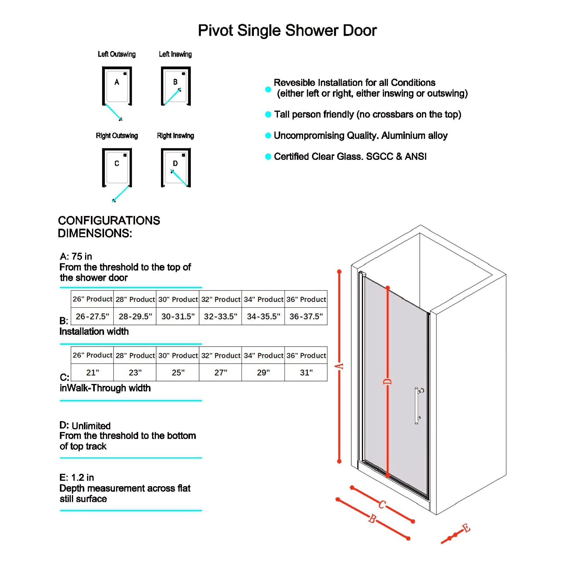KZG 34–35.5 inch pivot swing shower door in matte black aluminum with clear tempered glass — image 2