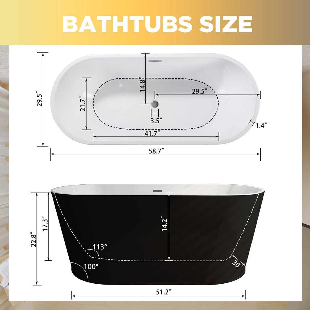 KZG 59-inch glossy black acrylic freestanding soaking tub with chrome drain — image 3