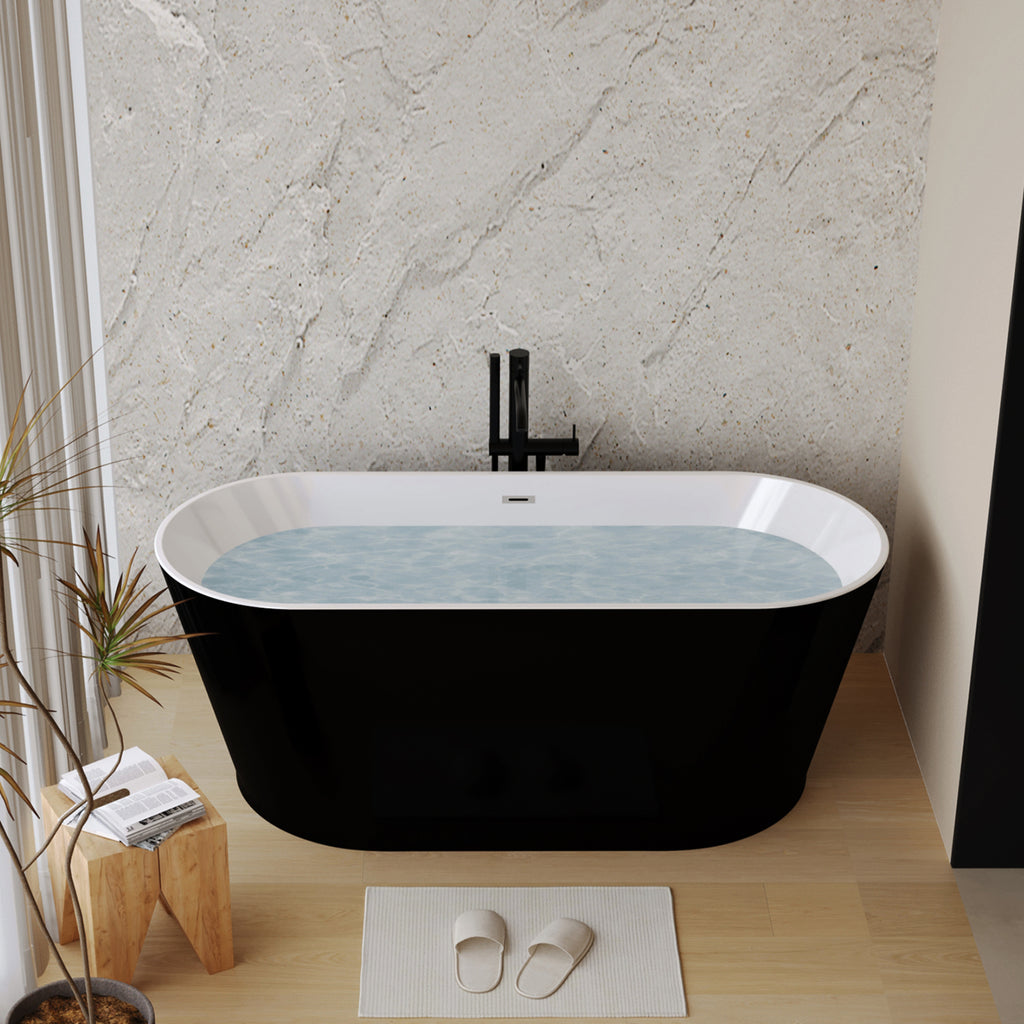 KZG 59-inch glossy black acrylic freestanding soaking tub with chrome drain — image 2
