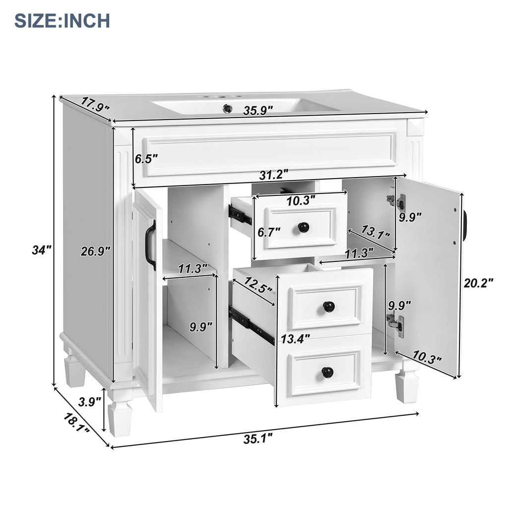 KZG 36-inch modern white bathroom vanity with ceramic sink basin and soft-close doors — image 3