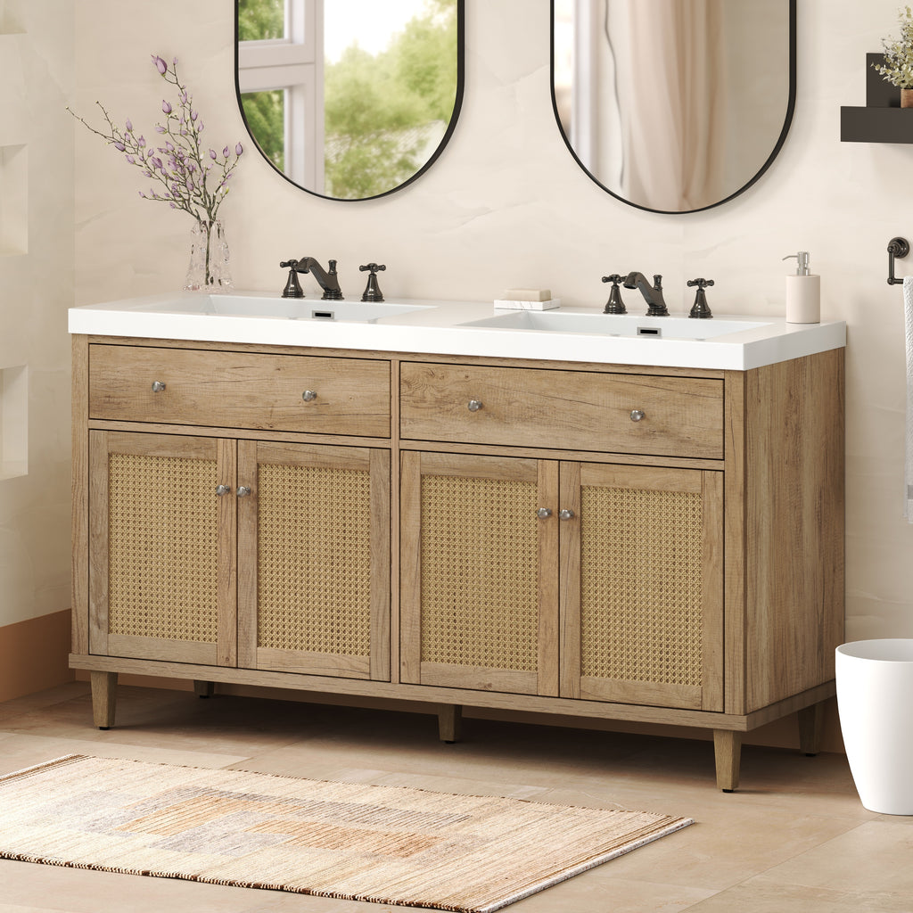 60-inch wood-finish double-sink vanity with SMC basins and storage — image 4