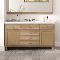 Natural wood grain bathroom vanity with SMC sink and rattan doors — image 2