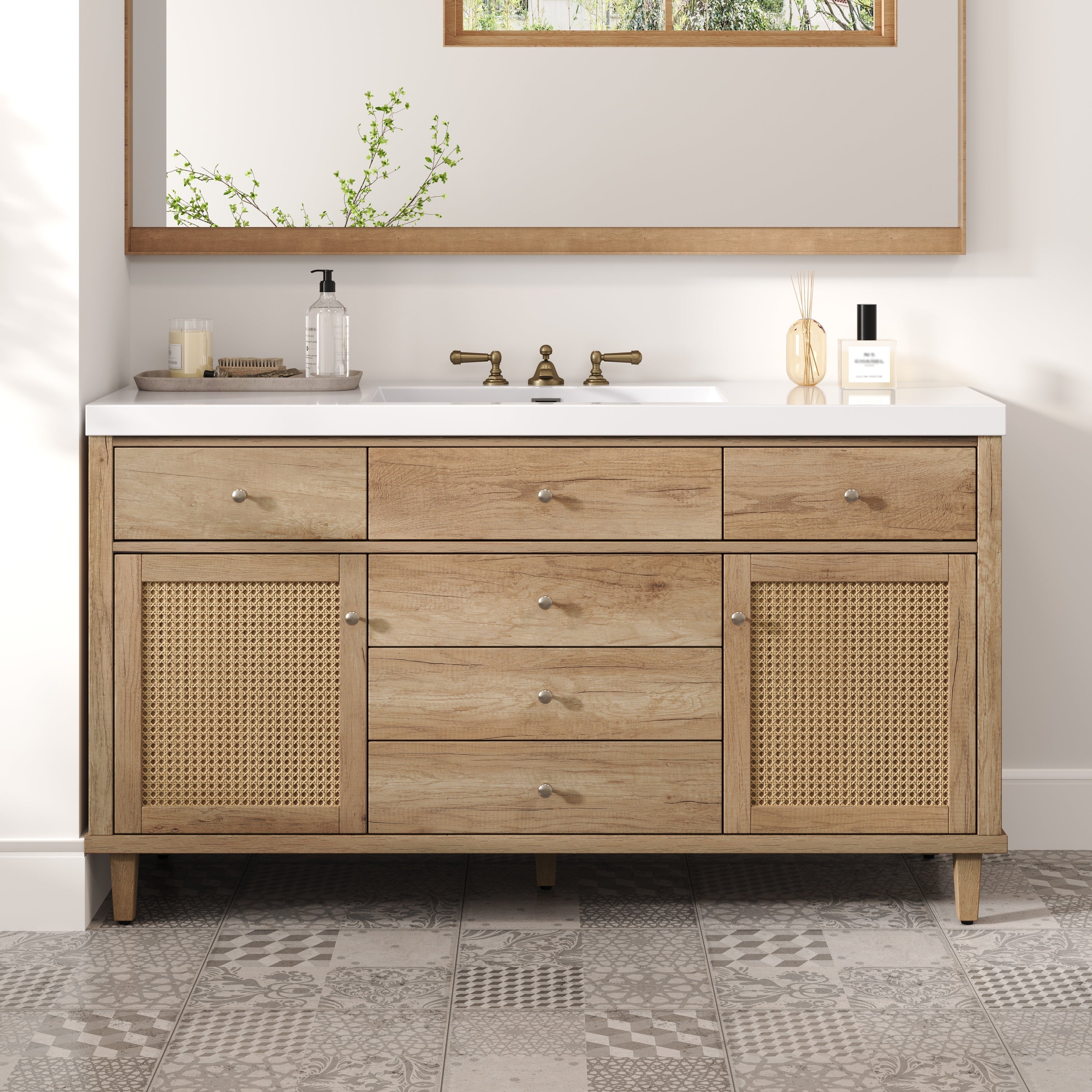 Natural wood grain bathroom vanity with SMC sink and rattan doors — image 2