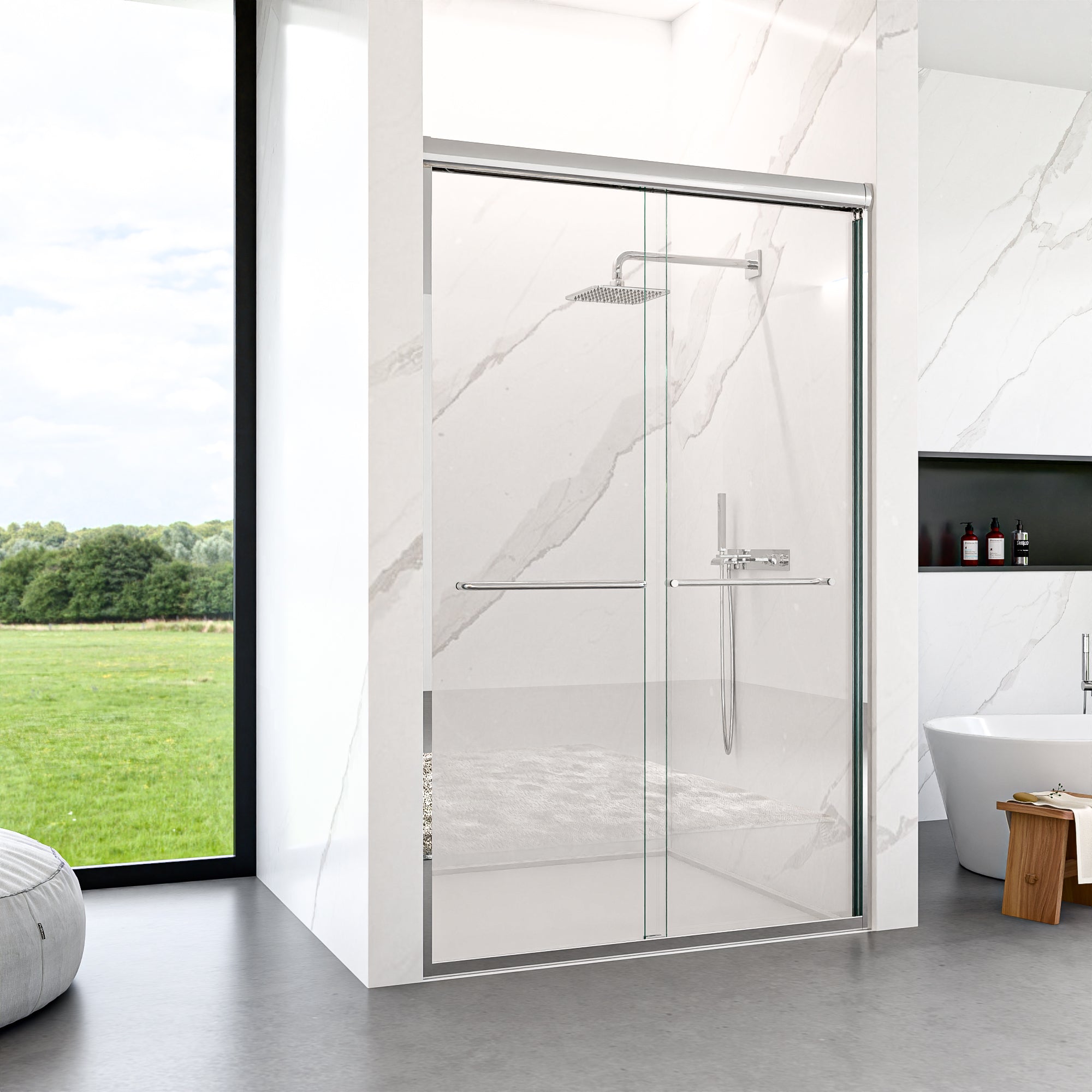 KZG chrome semi-frameless double sliding shower door with 6mm tempered glass, 44–48 in. width — image 4