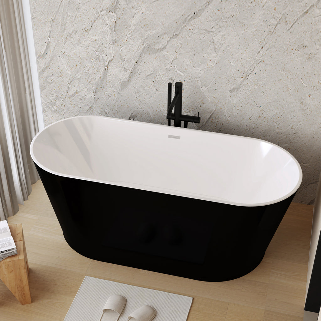 KZG 59-inch glossy black acrylic freestanding soaking tub with chrome drain — image 4