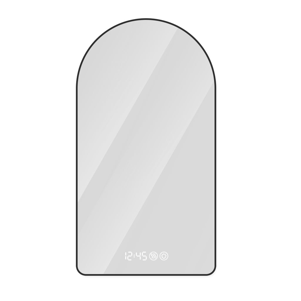 KZG Modern Black Arched LED Bathroom Mirror, 28in. x 48in., with dimmable lighting and time/temperature display — image 1