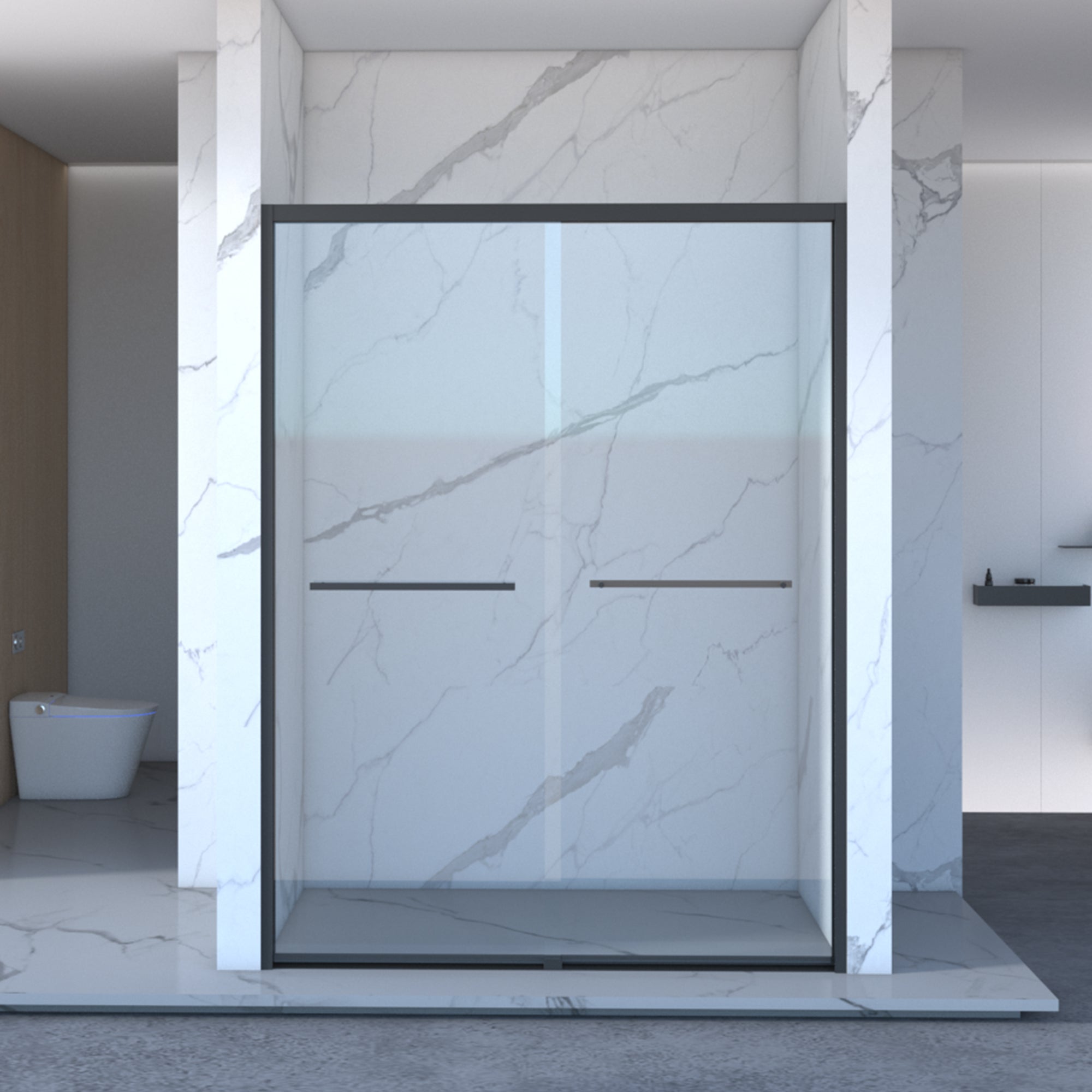 KZG matte black aluminum double sliding shower door with clear tempered glass and black hardware — image 4
