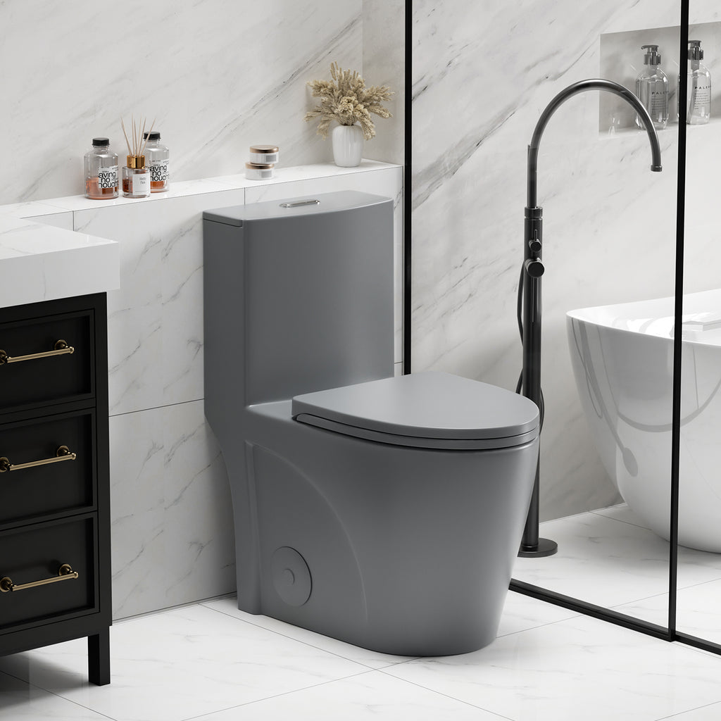 Light gray matte one-piece toilet, comfort height, dual-flush — image 2