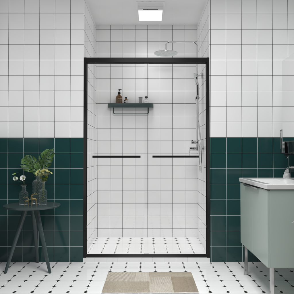 KZG 48-inch matte black bypass sliding shower door with clear tempered glass — image 1