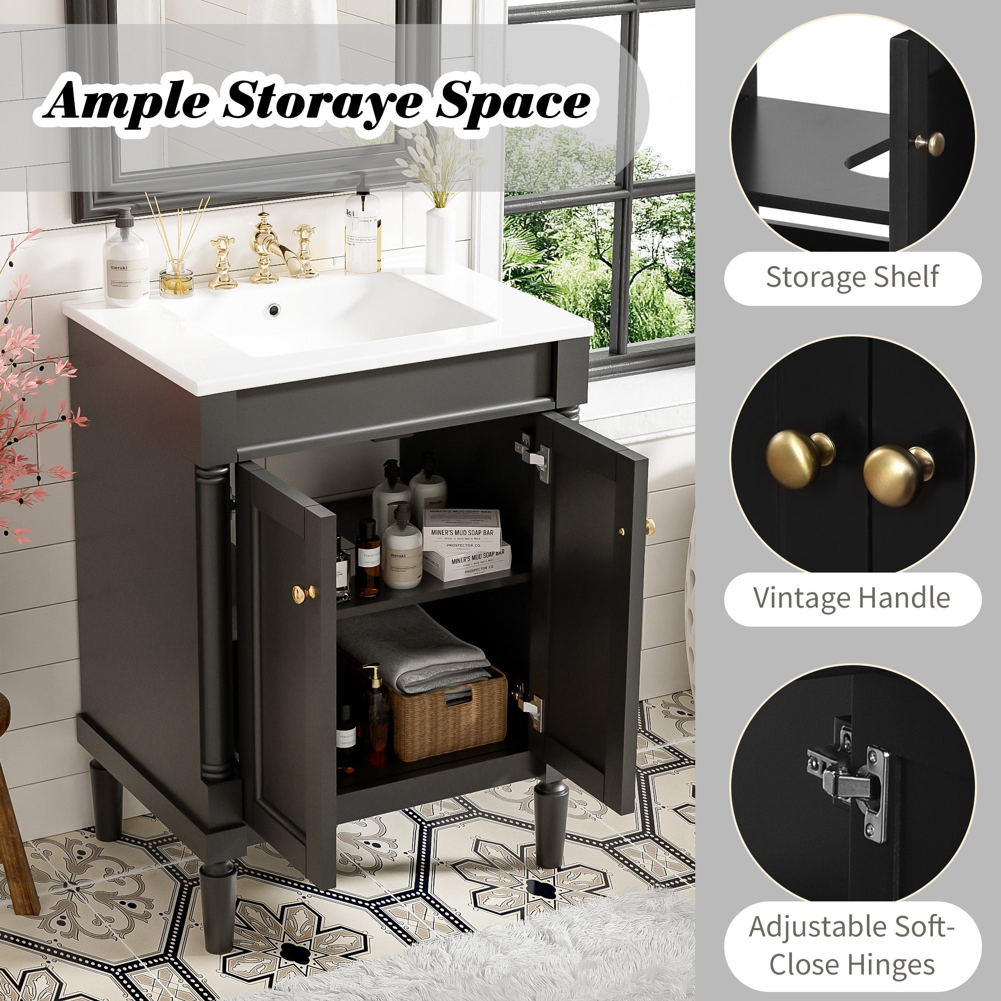 Matte black bathroom vanity with ceramic basin, 24 inches — image 7