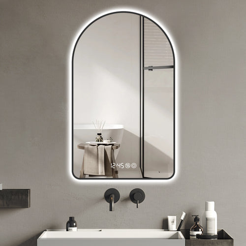 Arched LED vanity mirror with black aluminum frame and backlit display — image 2