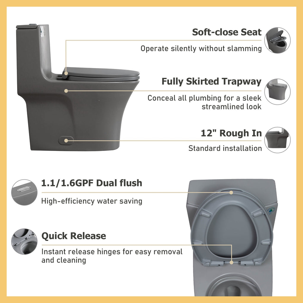 KZG elongated comfort height dual-flush one-piece toilet in light grey with soft-closing seat — image 3