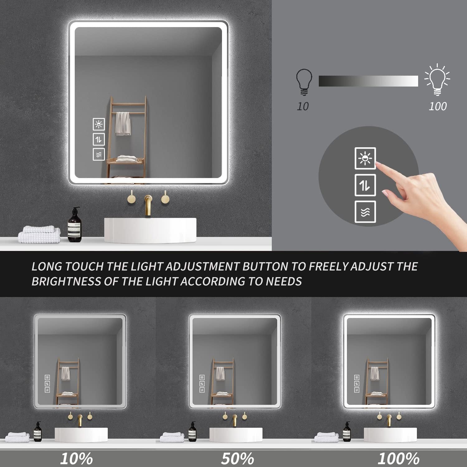 KZG 36-inch LED bathroom mirror with anti-fog silver glass and tri-color lighting — image 7