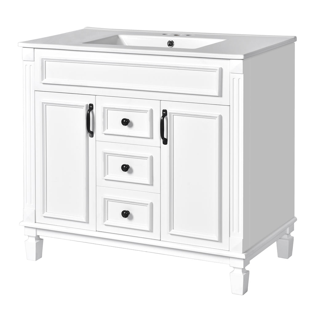 KZG 36-inch modern white bathroom vanity with ceramic sink basin and soft-close doors — image 1