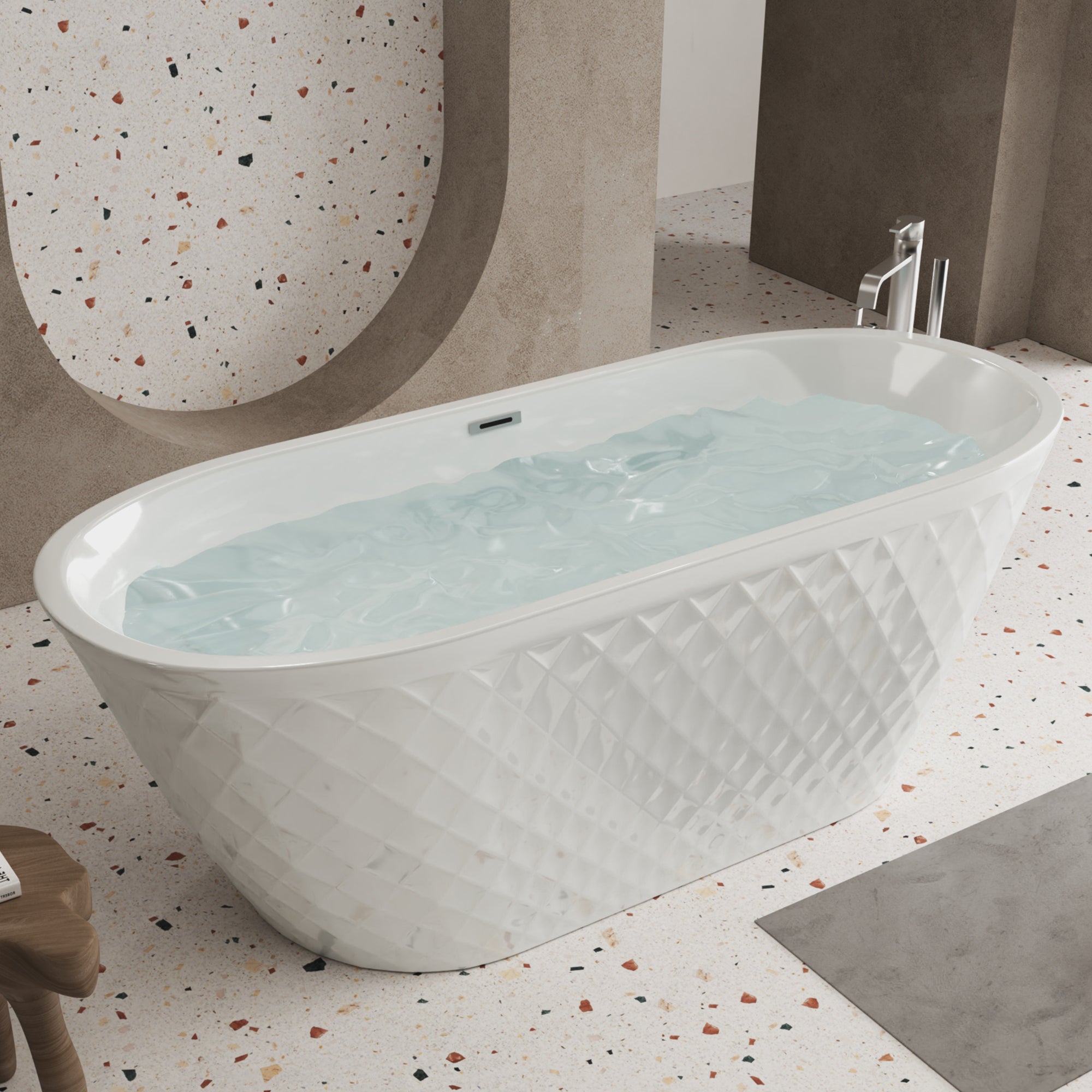 KZG 59-inch oval freestanding acrylic soaking tub in gloss white with chrome overflow and pop-up drain — image 4