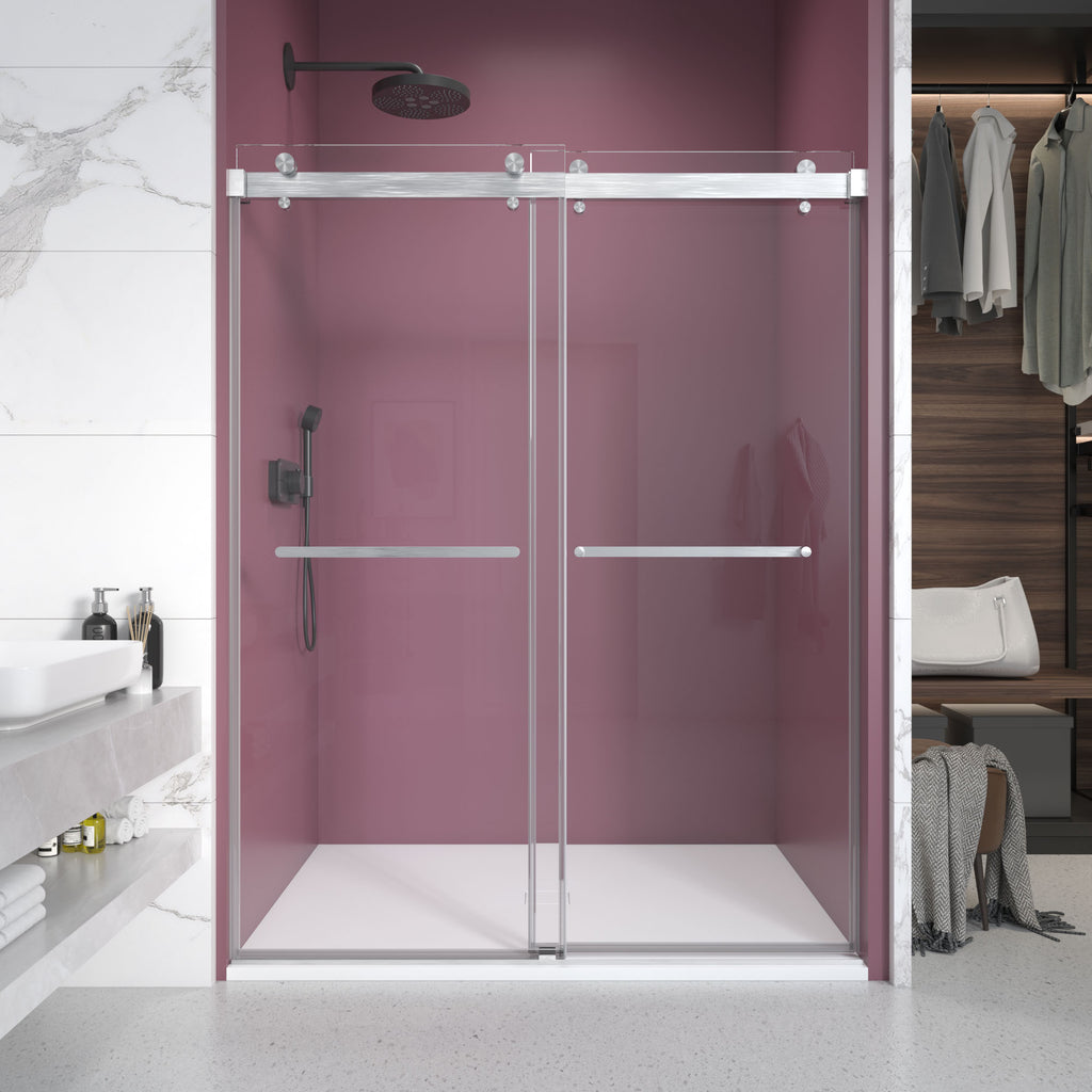 Frameless double sliding shower door in brushed nickel — finish swatch