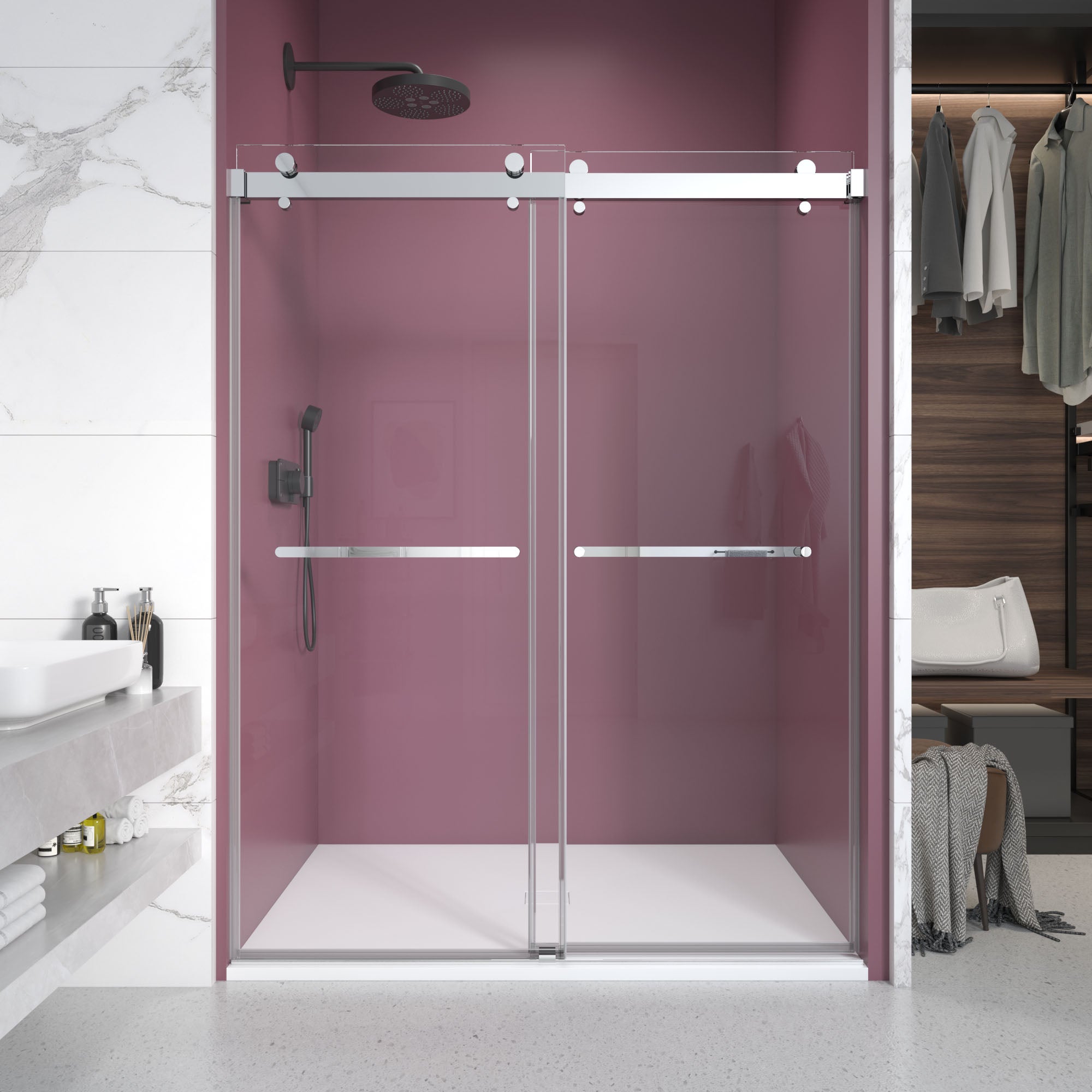 Frameless double sliding shower door in chrome — finish swatch