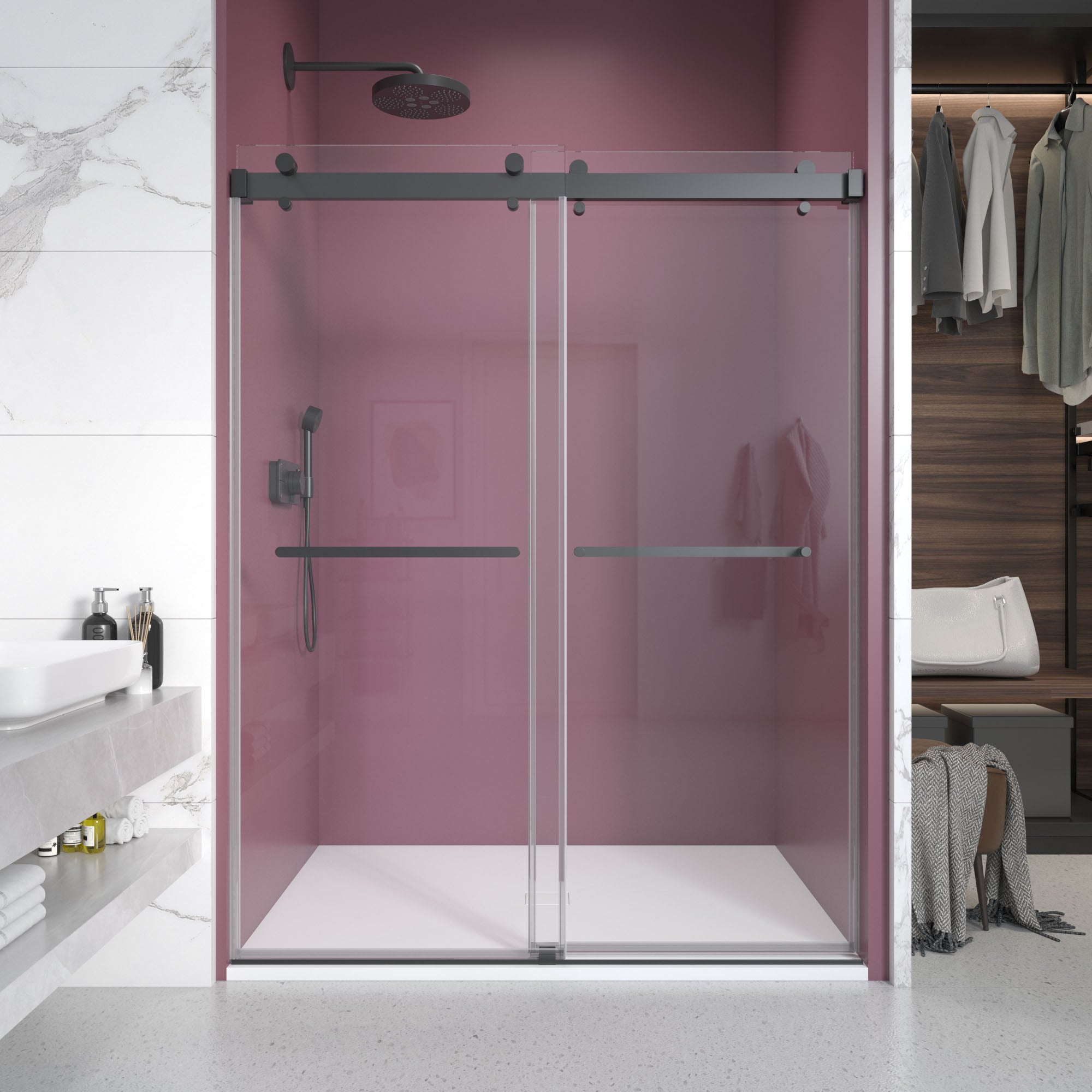 Frameless double sliding shower door in matte black — finish swatch