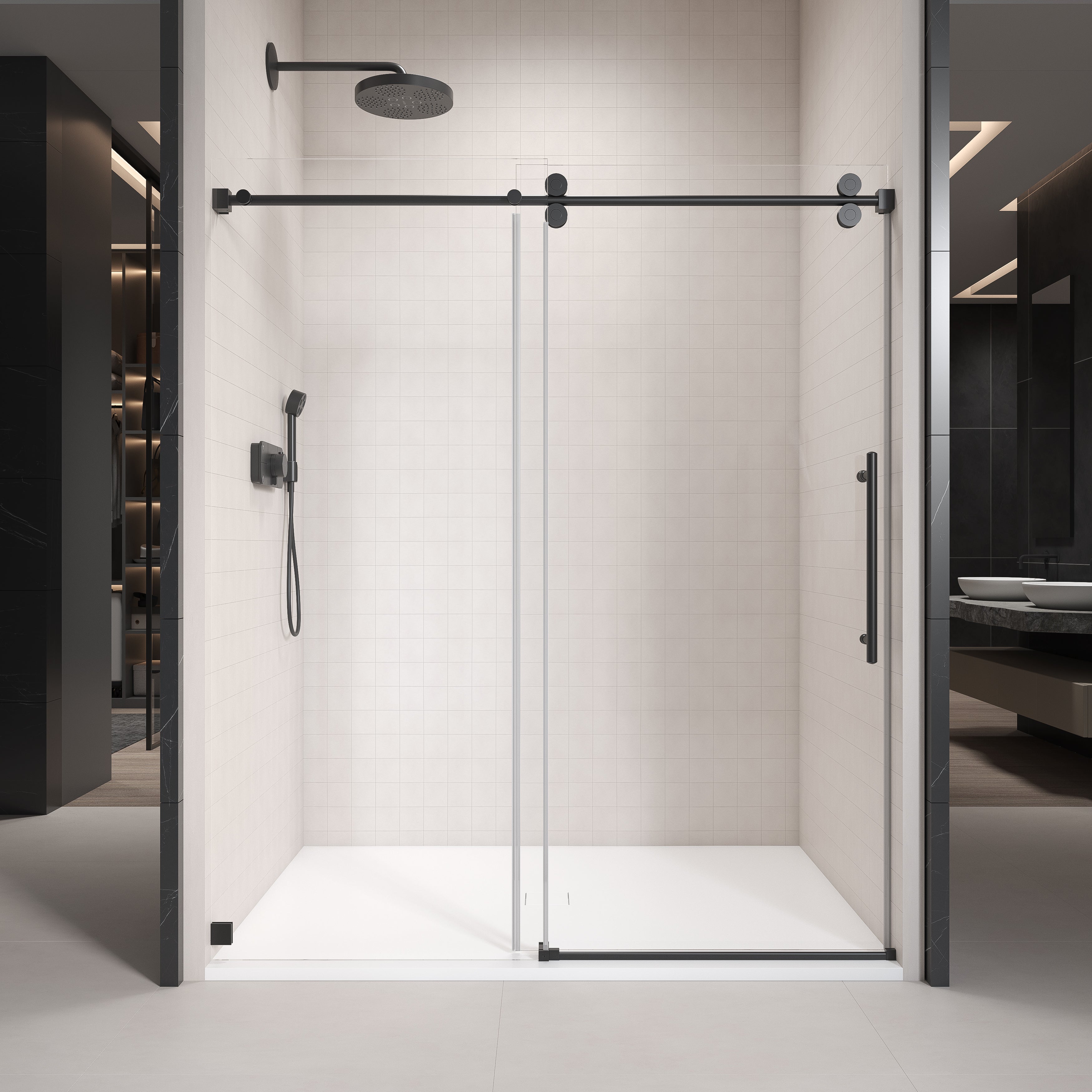 Frameless single sliding shower door in matte black — finish swatch