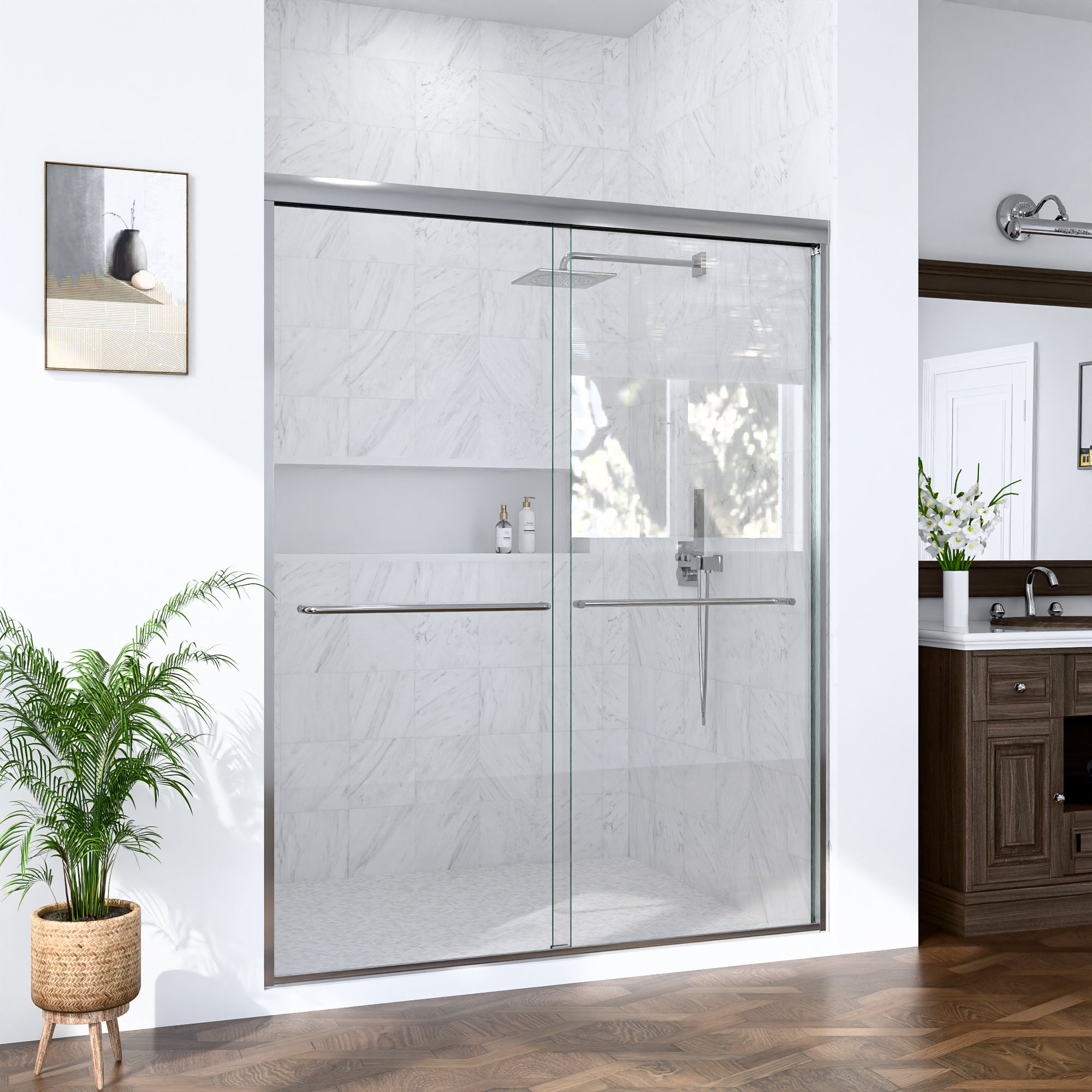 KZG 56–60 in. semi-frameless double sliding shower door with chrome finish and tempered glass — image 2