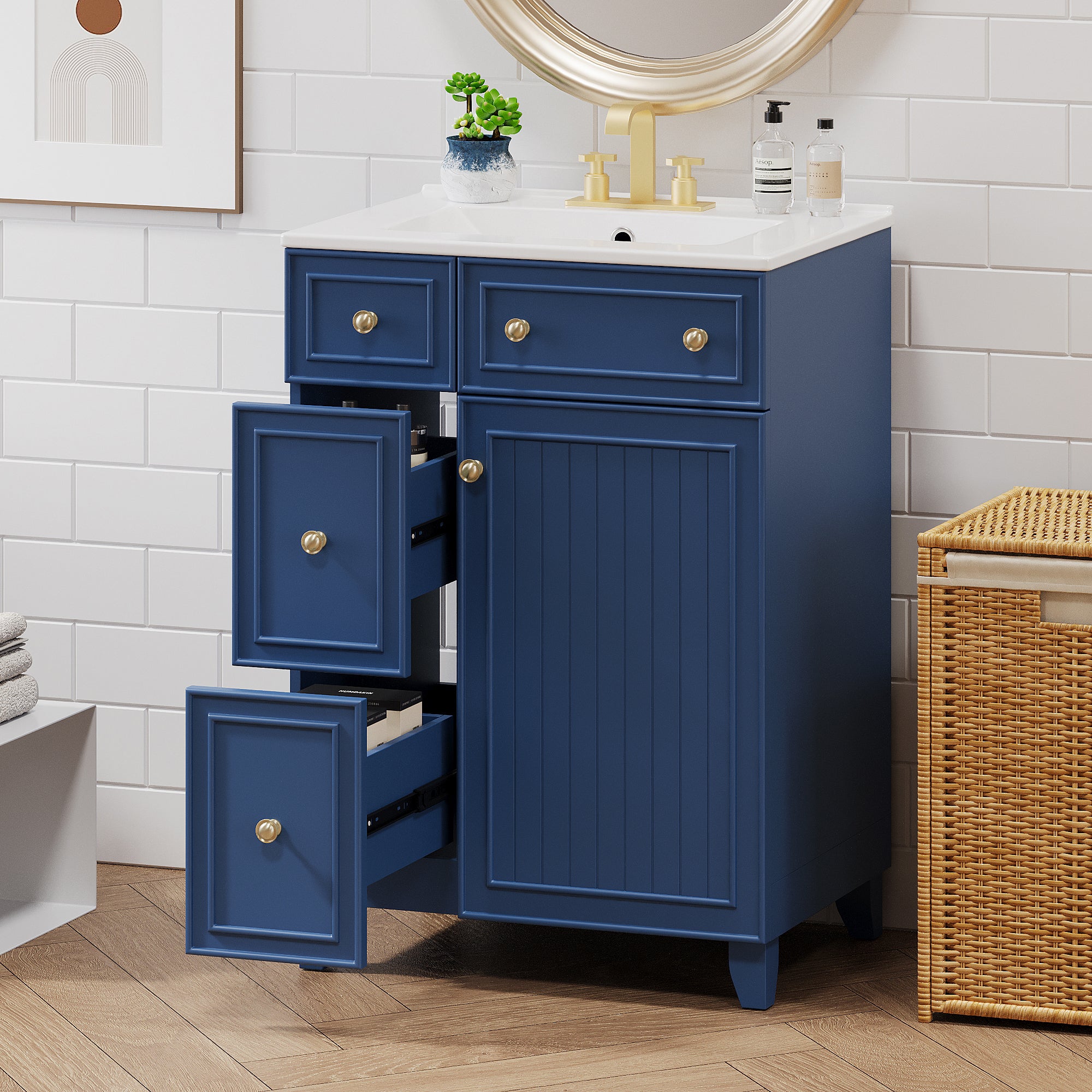 Blue vanity cabinet with ceramic sink, 24-inch width — image 4
