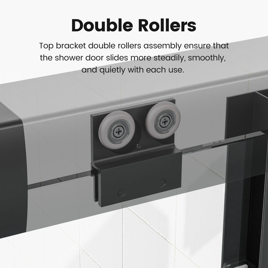 Matte black semi-frameless bypass bathtub door with tempered glass panels — image 4