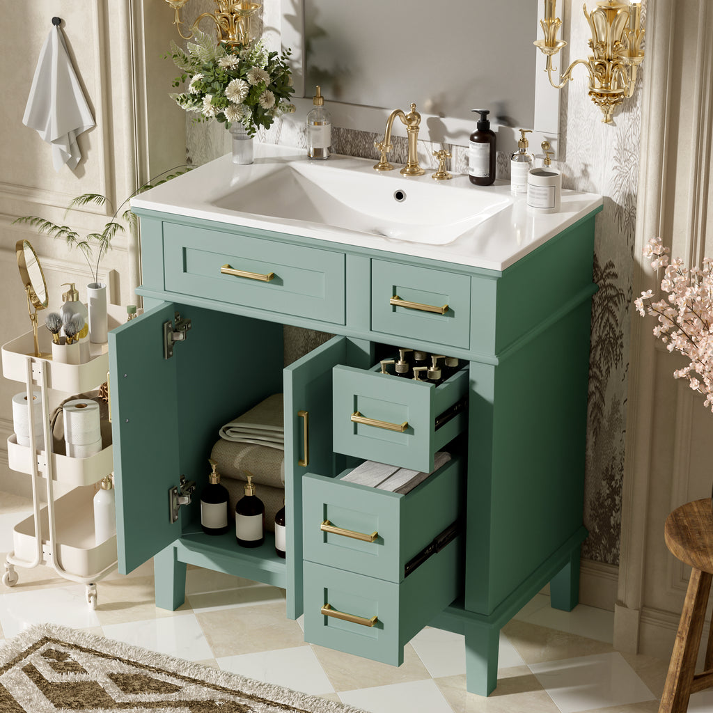 KZG 30-inch modern light green bathroom vanity with ceramic sink and soft-close doors — image 2