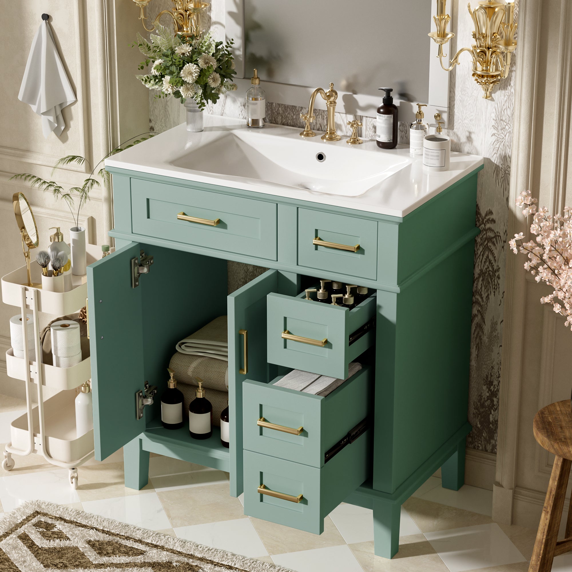 KZG 30-inch modern light green bathroom vanity with ceramic sink and soft-close doors — image 2