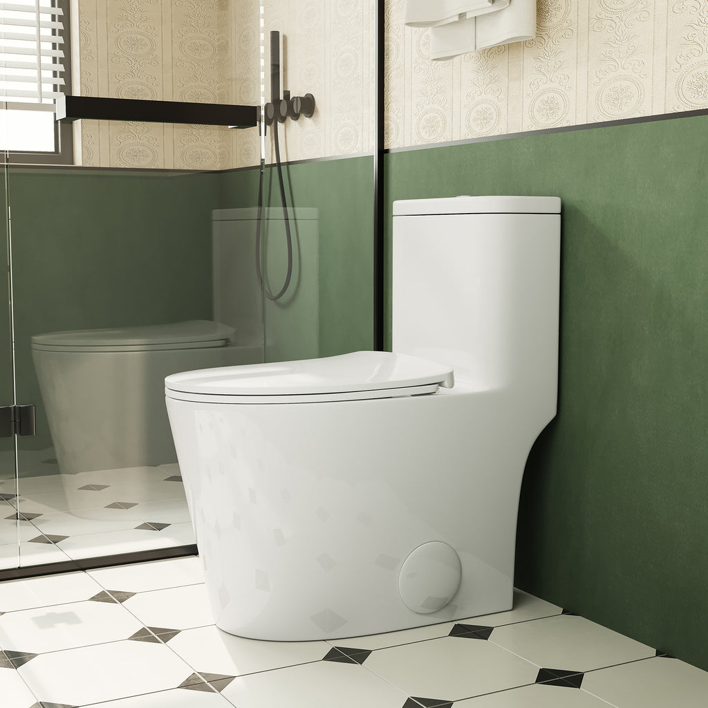 White elongated comfort height one-piece toilet with soft-close seat — image 1