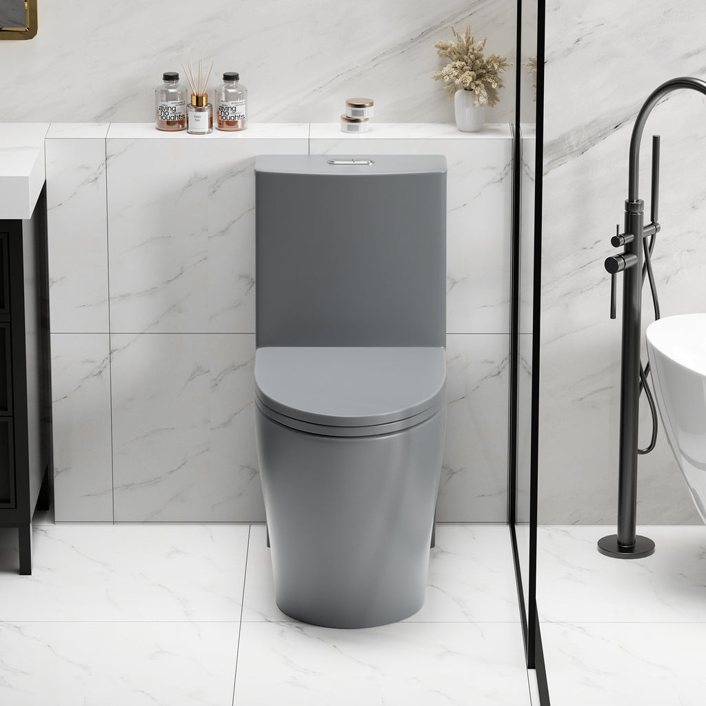 Light gray matte one-piece toilet, comfort height, dual-flush — image 5