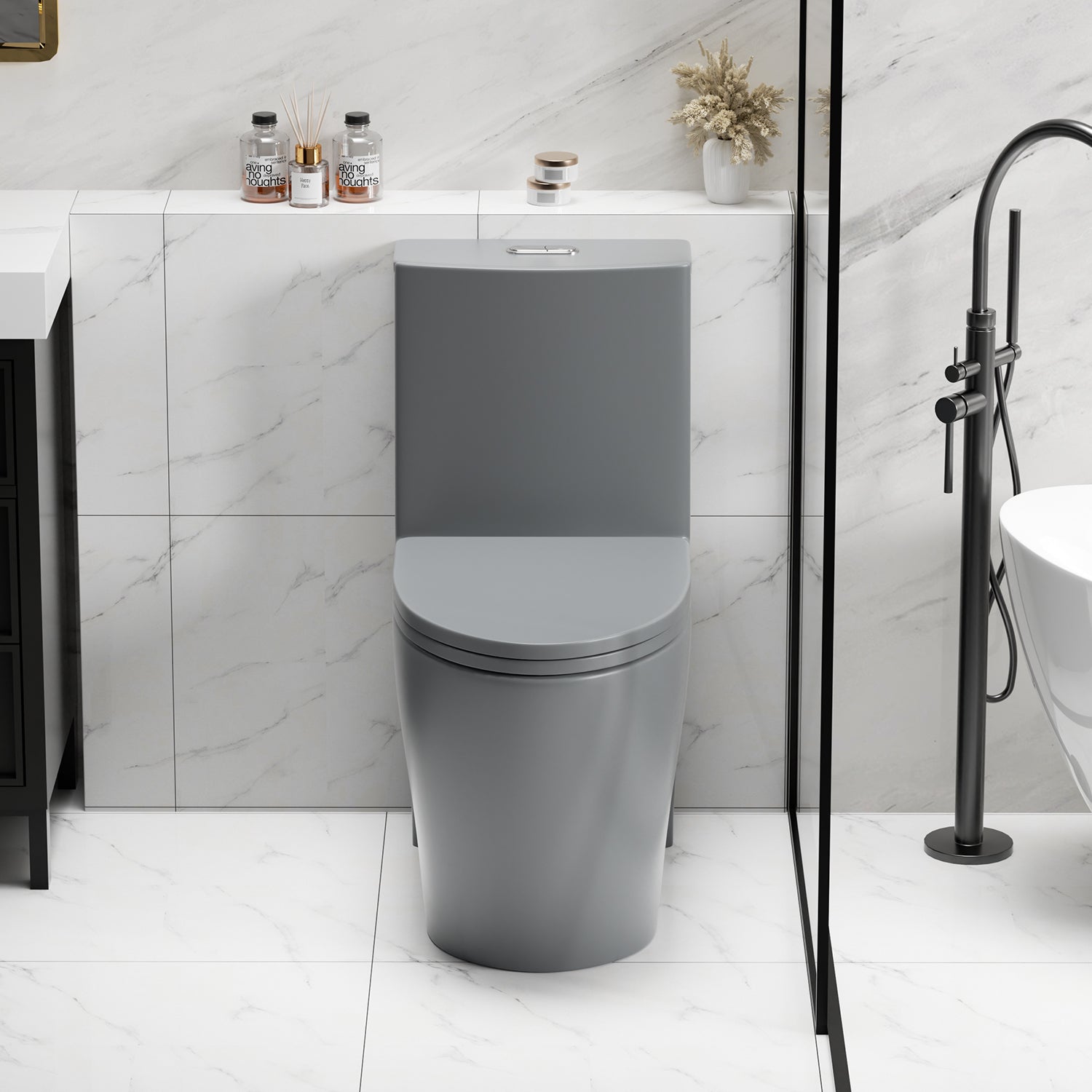 Light gray matte one-piece toilet, comfort height, dual-flush — image 5