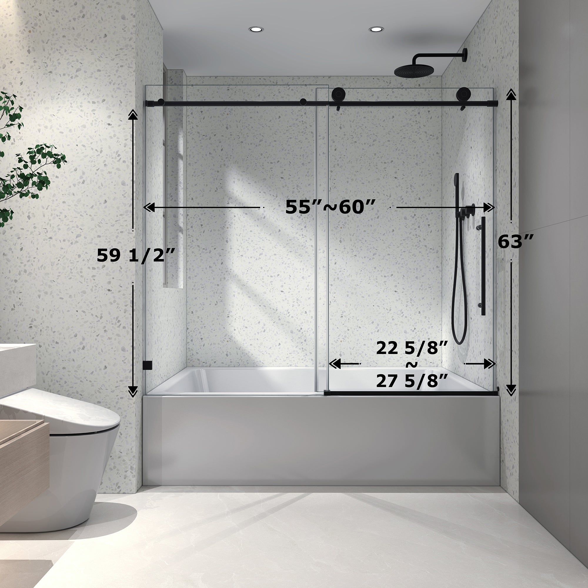 KZG matte black frameless sliding shower door with adjustable soft-close pulleys — image 7