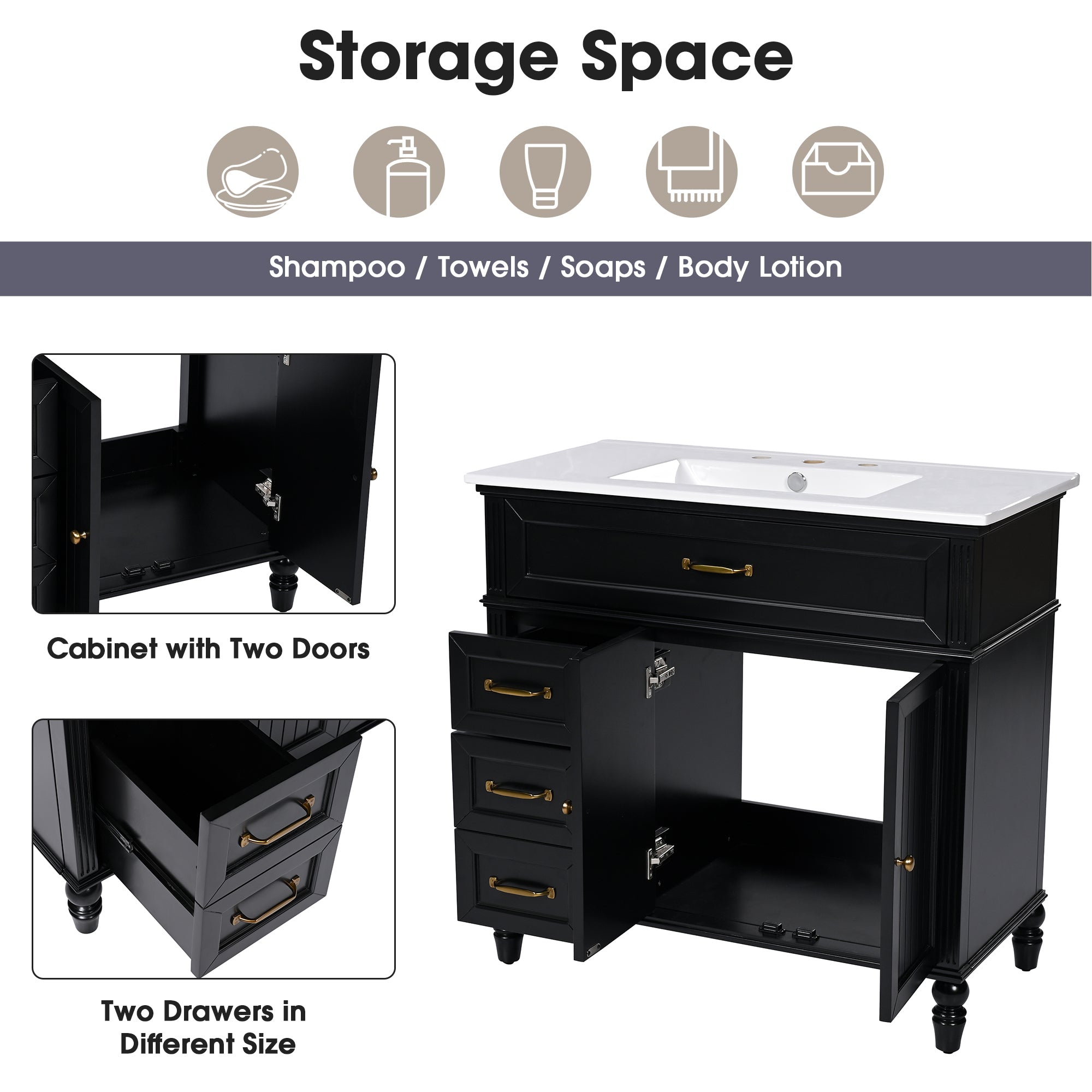 KZG 36-inch black bathroom vanity with ceramic sink and drawer storage — image 5