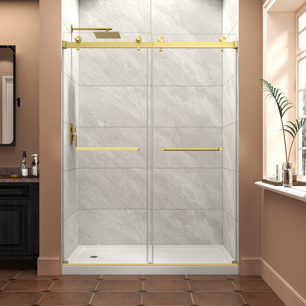 KZG brushed gold frameless bypass sliding shower door, 55–60 in. wide, 76 in. tall — image 1