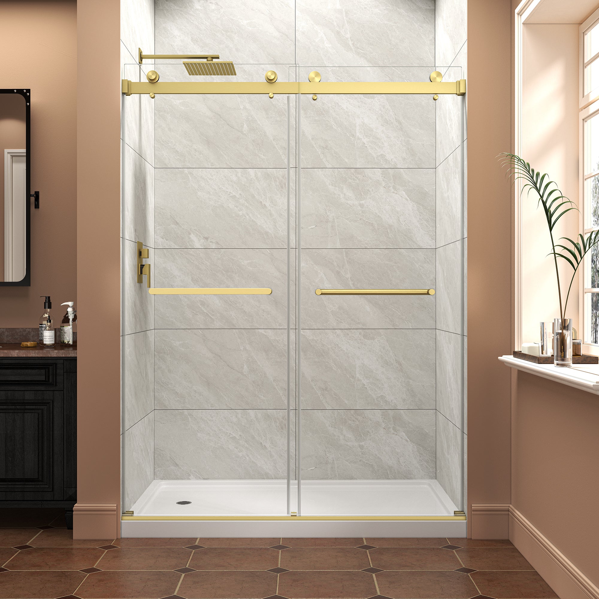 KZG brushed gold frameless bypass sliding shower door, 55–60 in. wide, 76 in. tall — image 1