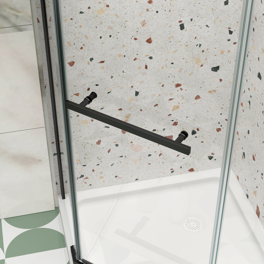 Matte black frameless neo-angle pivot shower door with tempered glass — image 7