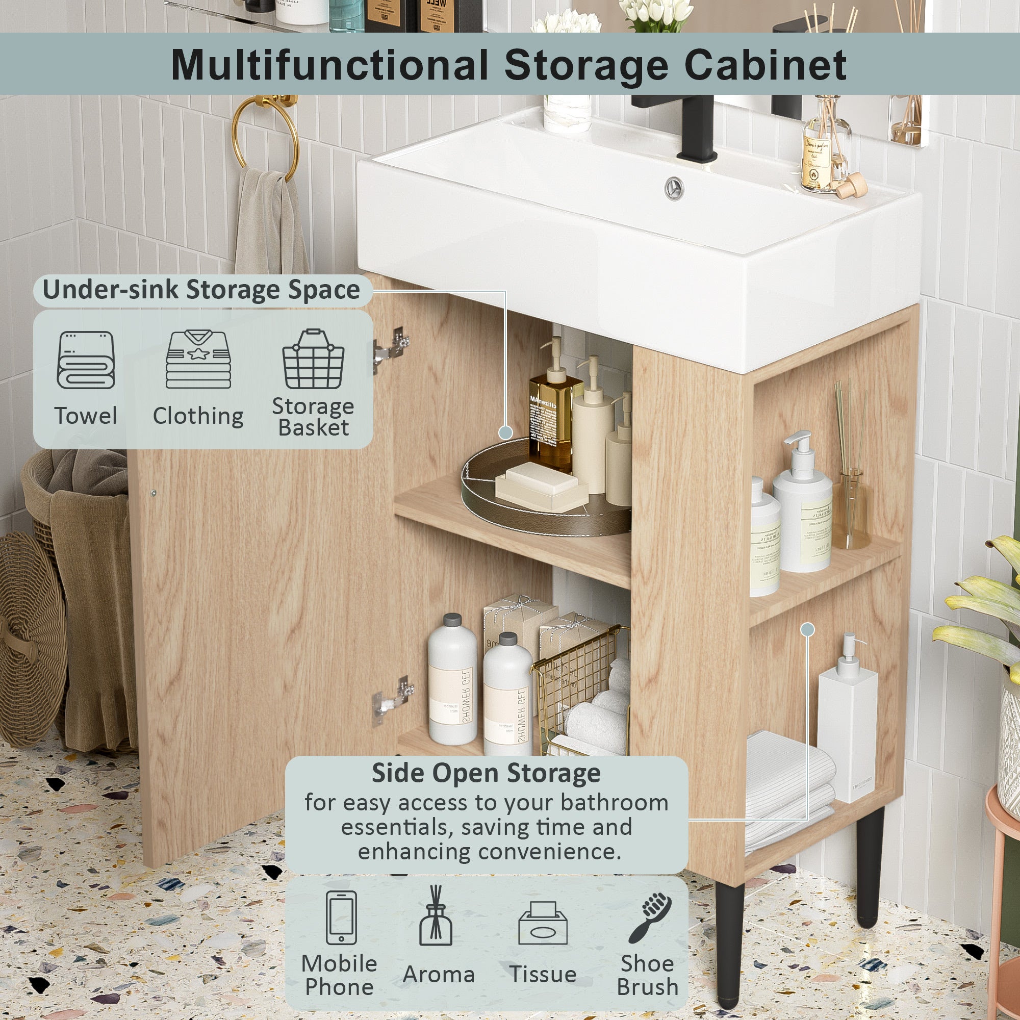 KZG modern wood bathroom vanity with ceramic sink and gold legs, right-side storage — image 5