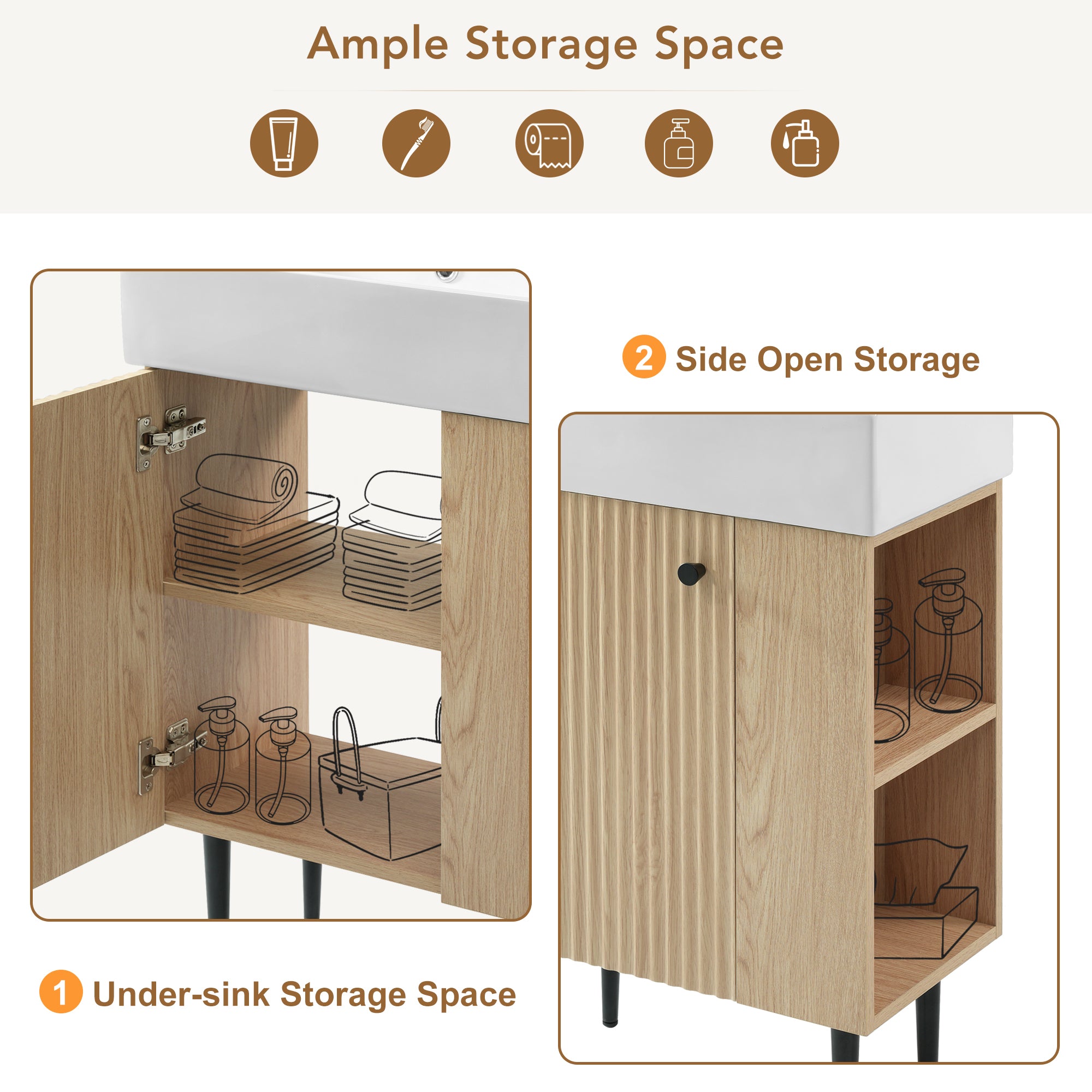 KZG modern wood bathroom vanity with ceramic sink and gold legs, right-side storage — image 7