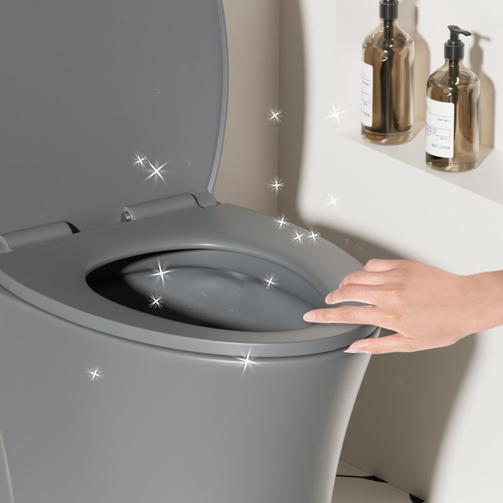 Light gray ceramic one-piece toilet with soft-close seat, ADA height — image 7