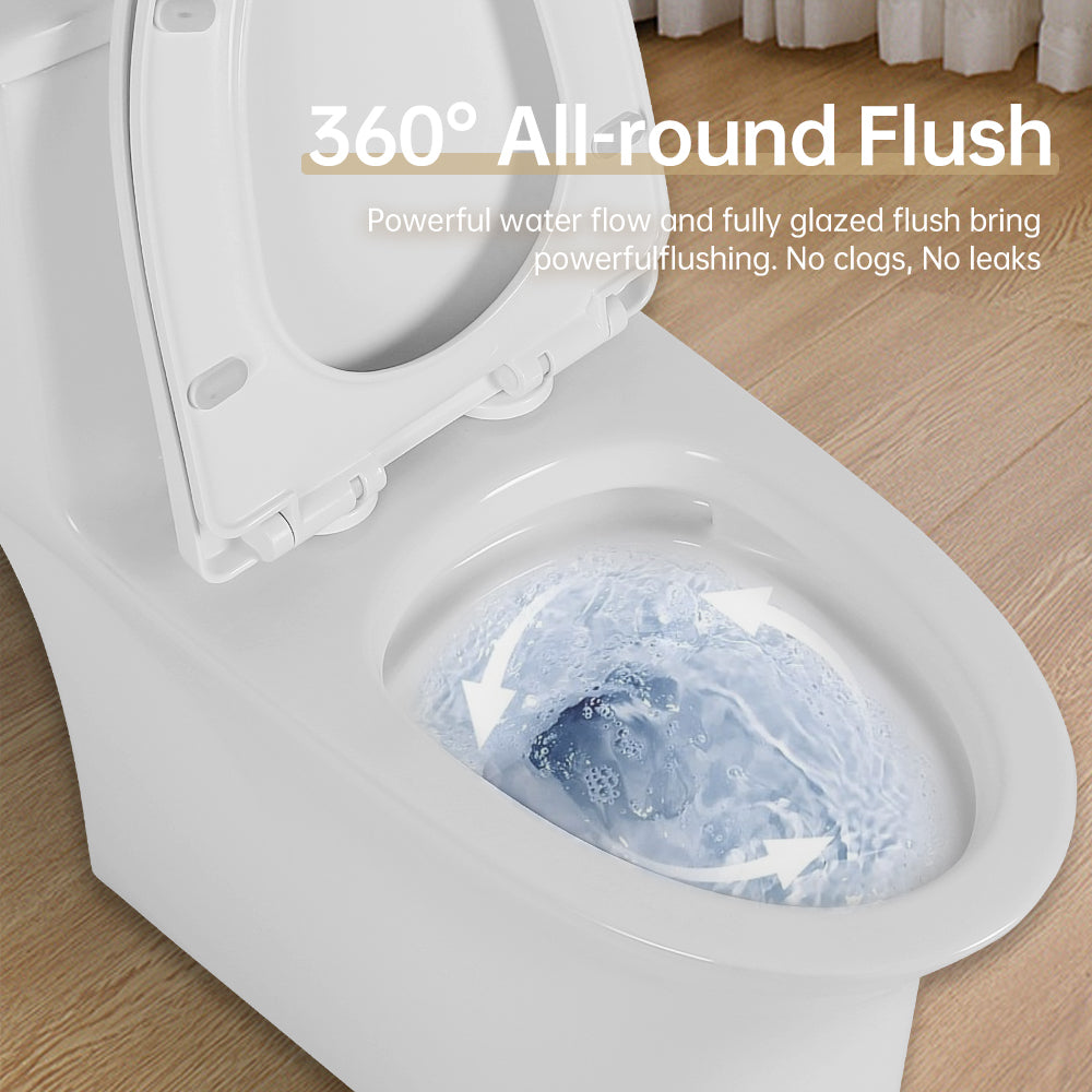 White elongated comfort height one-piece ceramic toilet with skirted design — image 7