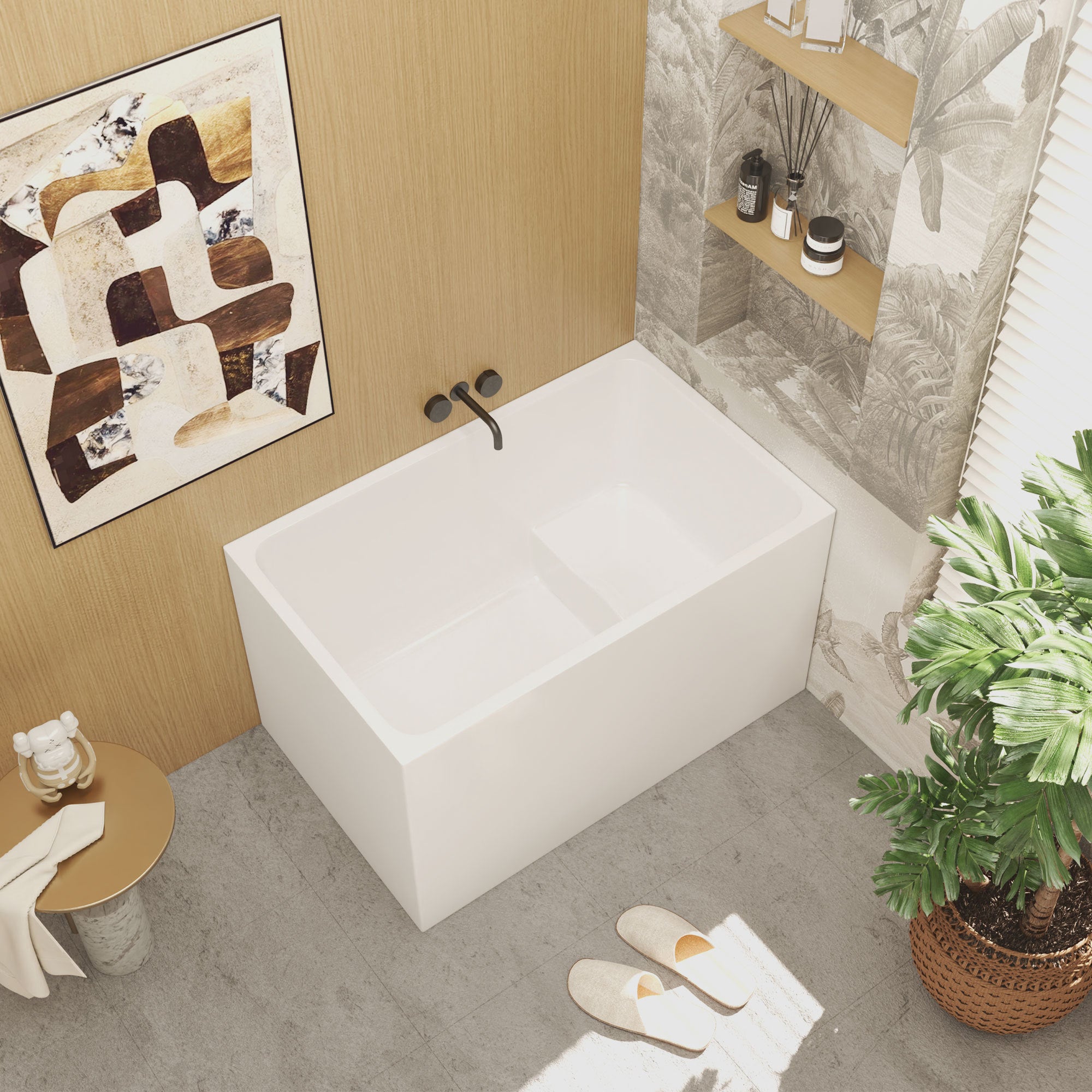 KZG 43 in. gloss white acrylic freestanding soaking bathtub with built-in seat and chrome hardware — image 2