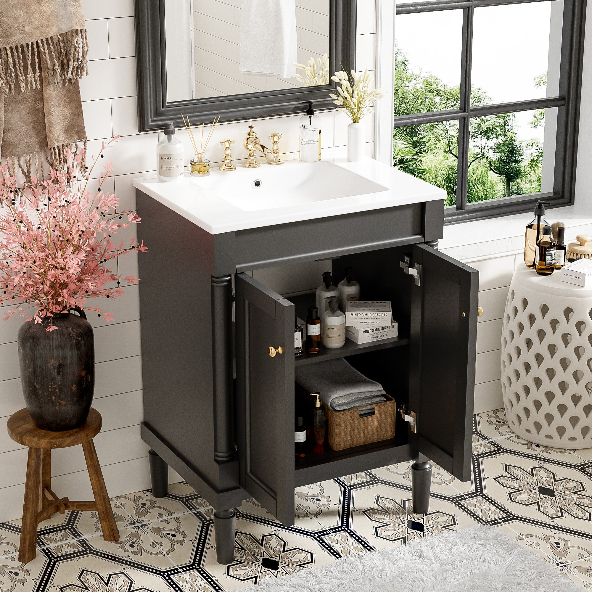 Matte black bathroom vanity with ceramic basin, 24 inches — image 5
