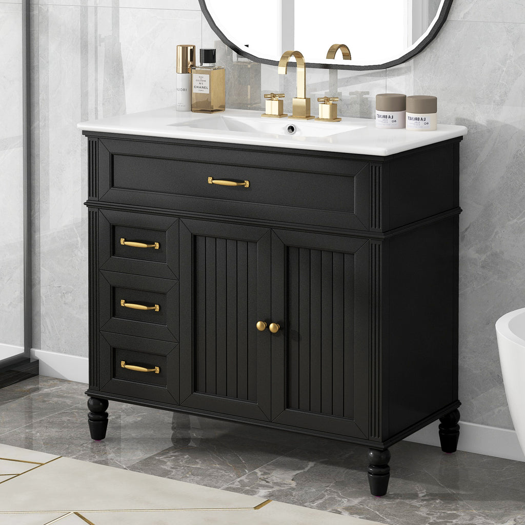 KZG 36-inch black bathroom vanity with ceramic sink and drawer storage — image 1